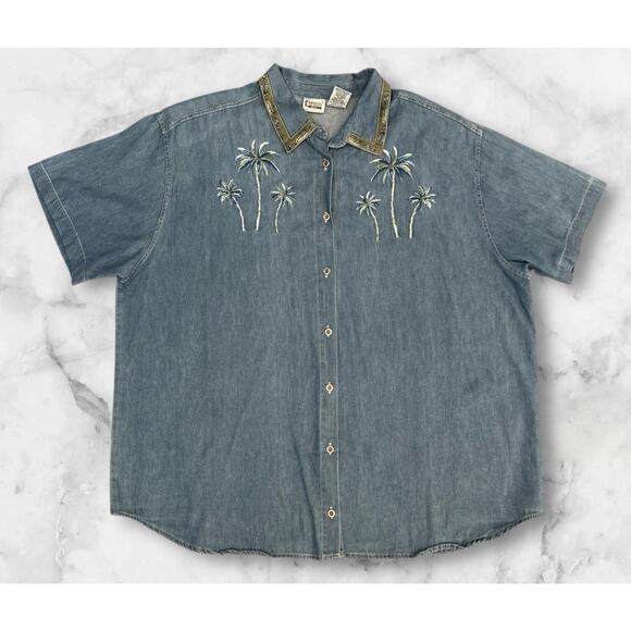 Capacity Denim Top Womens Button Down Palm Tree Embroidered Short Sleeve - Picture 1 of 9